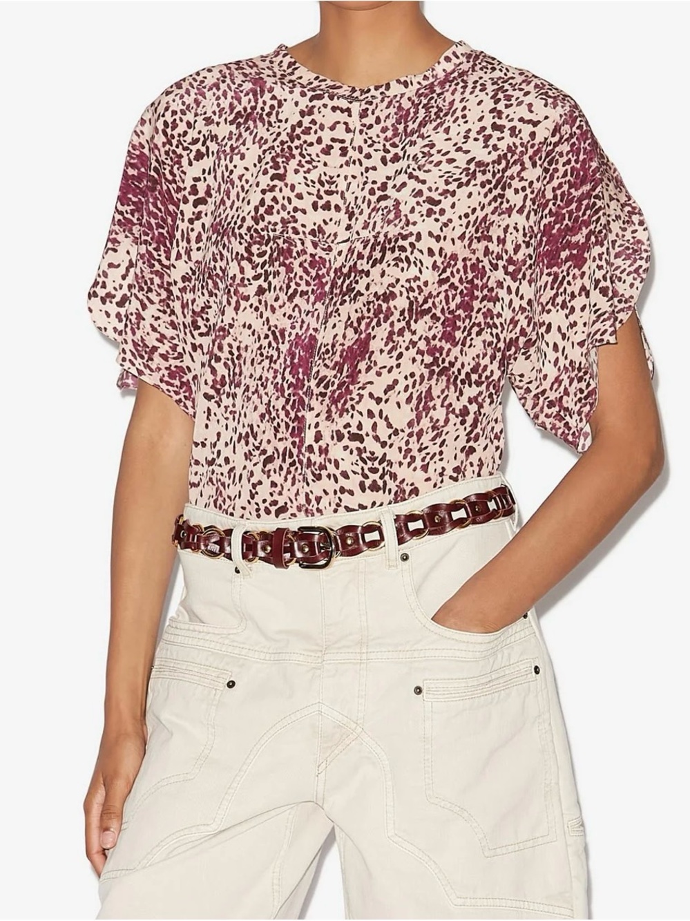 Women's Isabel Marant Pink Cream Animal Print Short Sleeve‎ silk Top size 34